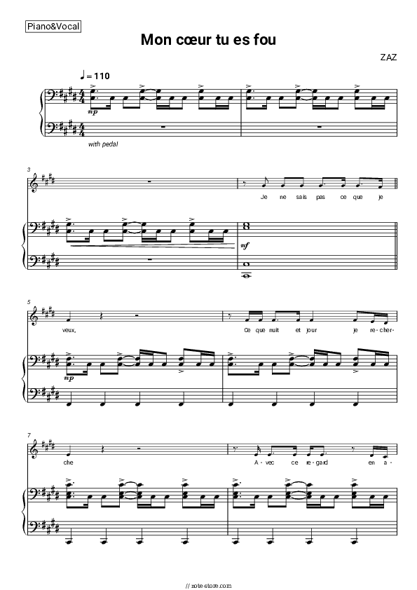 Mon cœur tu es fou - ZAZ Piano Sheet Music with the Voice part - Piano&Vocal