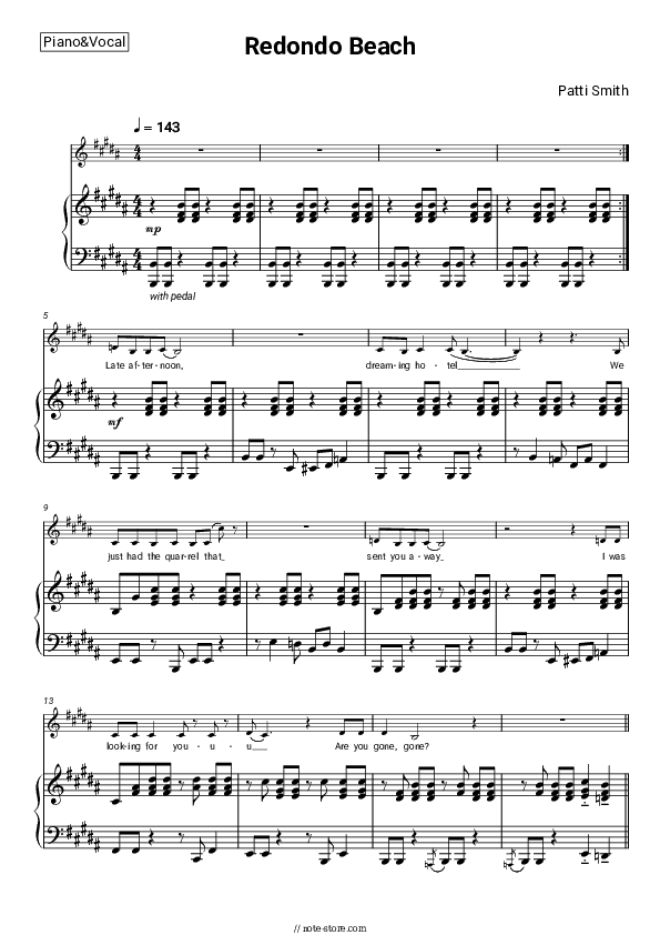 Redondo Beach - Patti Smith Piano Sheet Music with the Voice part - Piano&Vocal