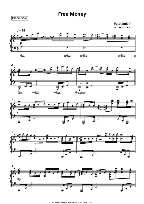 Free Money - Patti Smith Piano Sheet Music - Piano.Solo