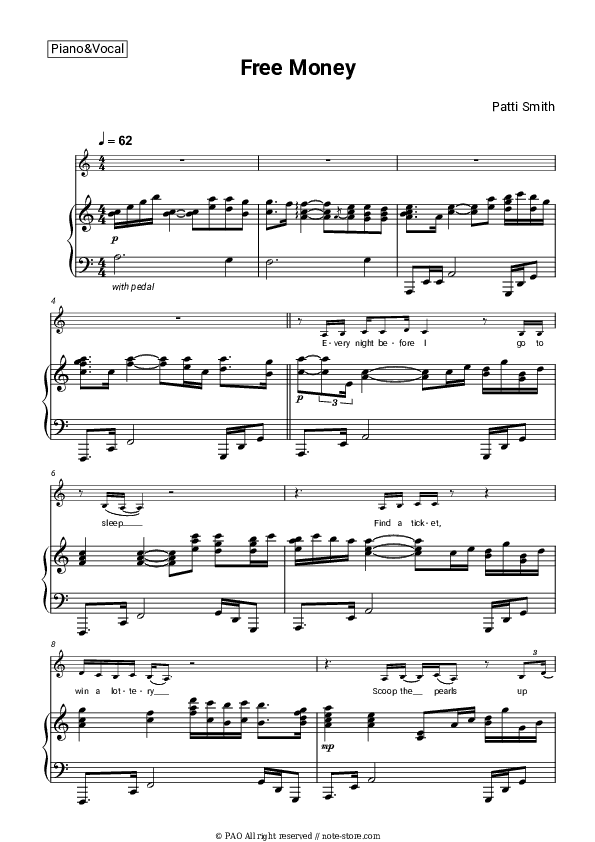 Free Money - Patti Smith Piano Sheet Music with the Voice part - Piano&Vocal