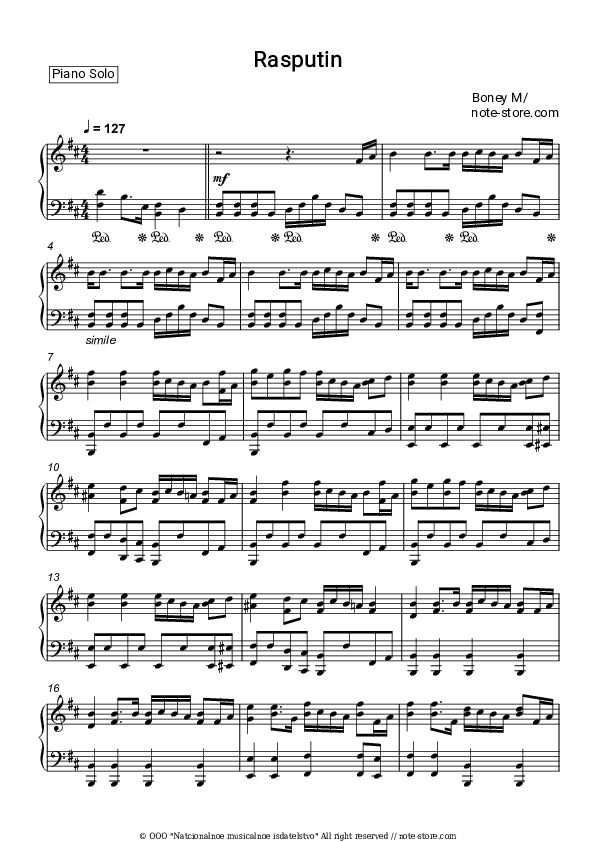 Rasputin - Boney M Piano Sheet Music - Piano.Solo