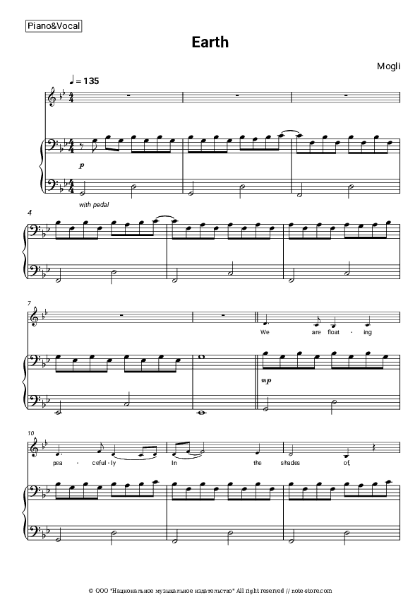 Earth - Mogli Piano Sheet Music with the Voice part - Piano&Vocal