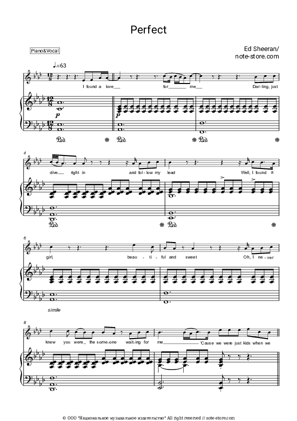 Perfect - Ed Sheeran Piano Sheet Music with the Voice part - Piano&Vocal