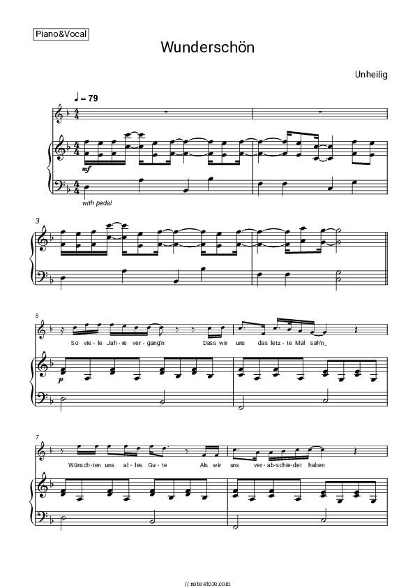 Wunderschön - Unheilig Piano Sheet Music with the Voice part - Piano&Vocal