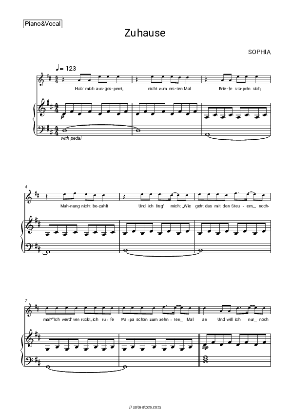 Zuhause - SOPHIA Piano Sheet Music with the Voice part - Piano&Vocal