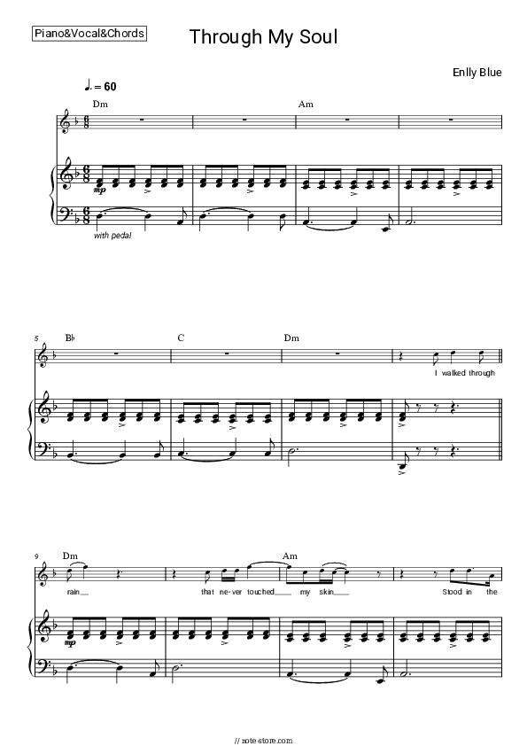 Through My Soul - Enlly Blue Piano Sheet Music with the Vocal and Chords - Piano&Vocal&Chords