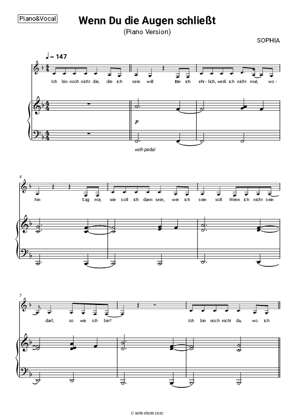Wenn Du die Augen schließt (Piano Version / Apple Music Home Session) - SOPHIA Piano Sheet Music with the Voice part - Piano&Vocal