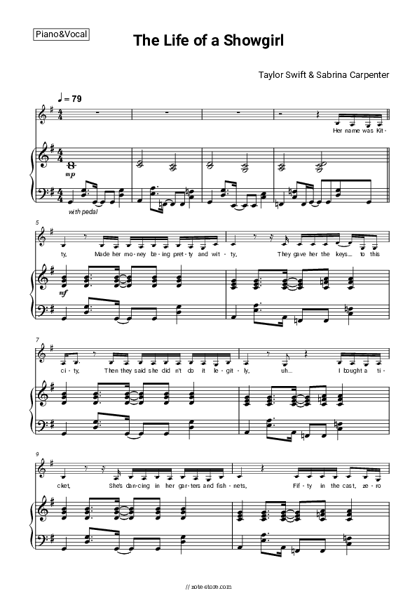 The Life of a Showgirl - Taylor Swift, Sabrina Carpenter Piano Sheet Music with the Voice part - Piano&Vocal