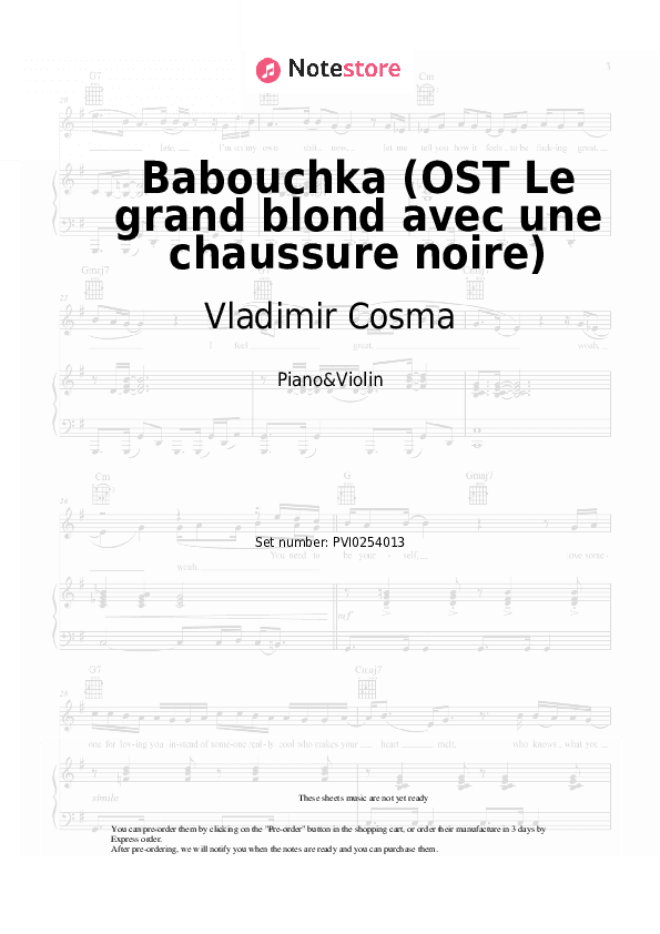 Babouchka (OST Le grand blond avec une chaussure noire) - Vladimir Cosma, Gheorghe Zamfir Piano Sheet Music and Violin - Piano&Violin