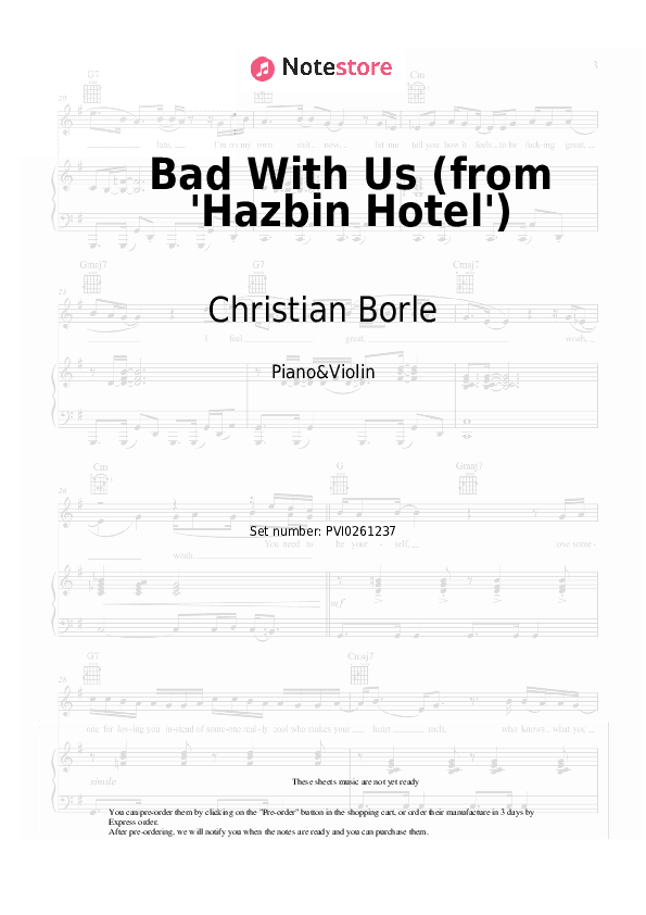 Bad With Us (from 'Hazbin Hotel') - Christian Borle, Alex Newell, James Monroe Iglehart, Andrew Durand, Patrick Stump, Lilli Cooper, Joel Perez, Daphne Rubin-Vega, Sam Haft, Andrew Underberg Piano Sheet Music and Violin - Piano&Violin