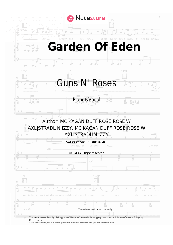 Garden Of Eden - Guns N' Roses Piano Sheet Music with the Voice part - Piano&Vocal