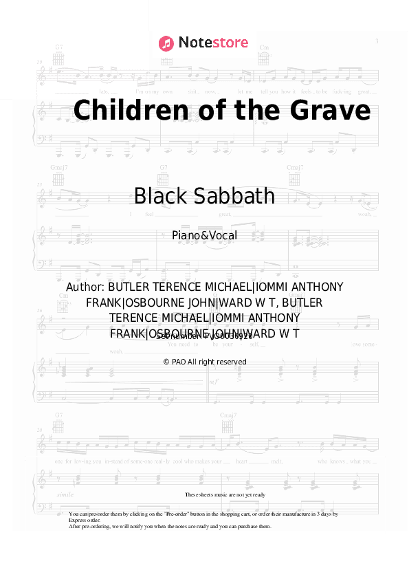 Children of the Grave - Black Sabbath Piano Sheet Music with the Voice part - Piano&Vocal
