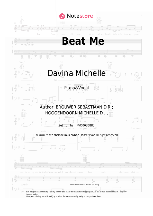 Beat Me - Davina Michelle Piano Sheet Music with the Voice part - Piano&Vocal