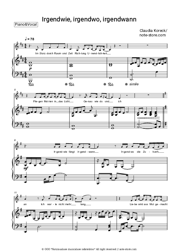 Irgendwie, irgendwo, irgendwann - Claudia Koreck Piano Sheet Music with the Voice part - Piano&Vocal