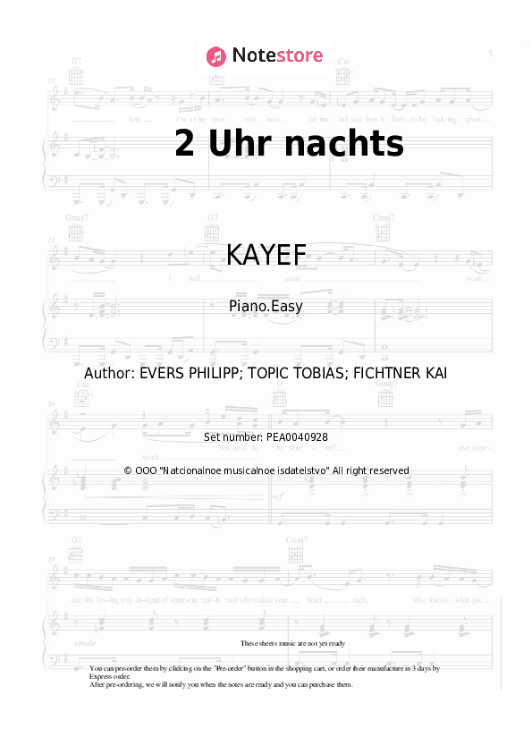 2 Uhr nachts - KAYEF Piano Sheet Music Easy - Piano.Easy