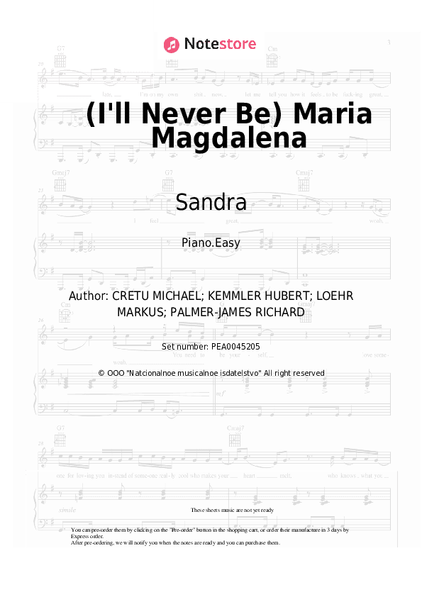 (I'll Never Be) Maria Magdalena - Sandra Piano Sheet Music Easy - Piano.Easy