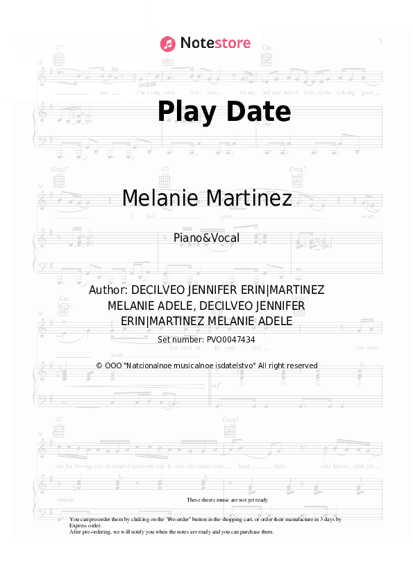 Play Date - Melanie Martinez Piano Sheet Music with the Voice part - Piano&Vocal