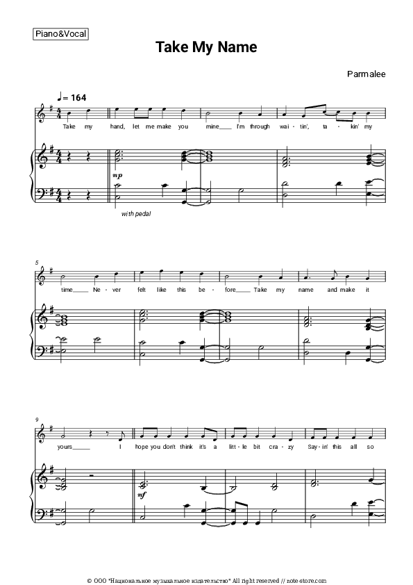 Take My Name - Parmalee Piano Sheet Music with the Voice part - Piano&Vocal